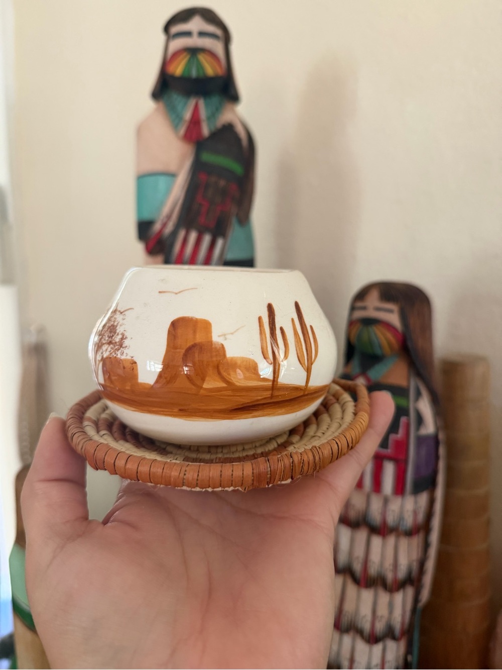 Hand-Painted Desert Scene Ceramic Planter / Vase and mini Southwestern basket
